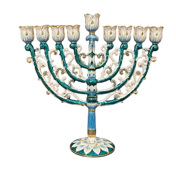 Menorah Hanukkah  Hand Painted Brass Enamel  NWB 6” By 6” Blue Teal Gold - Picture 13 of 16